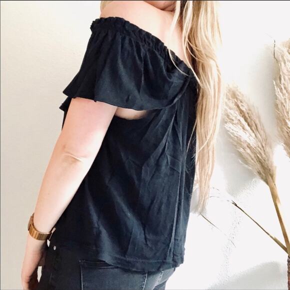 NEW REVOLVE Current/Elliott Black Ruffle Off Shoulder Top Blouse Shirt Cotton L - Picture 3 of 9